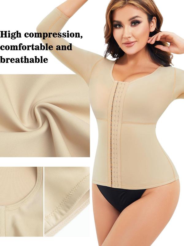 Women's Solid Color Hook & Eye Front Shapewear Top, High Stretch Tummy Control Shaper, Tummy Tuck Shaper, Women's Shapewear for All Seasons